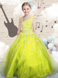 Dramatic Yellow Green Sleeveless Floor Length Beading and Appliques and Hand Made Flower Lace Up Little Girls Pageant Gowns