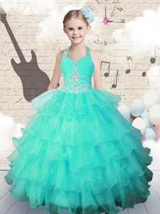 Hot Sale Turquoise Halter Top Neckline Beading and Ruffled Layers Little Girls Pageant Dress Sleeveless Lace Up