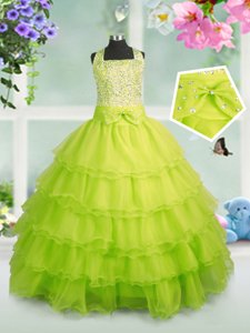 Apple Green Sleeveless Beading and Ruffled Layers Floor Length Little Girl Pageant Gowns