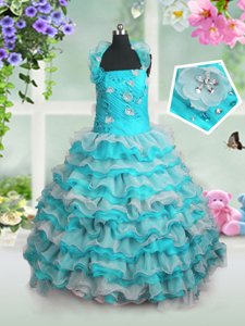 Ruffled Blue And White Sleeveless Organza Lace Up Kids Formal Wear for Party and Wedding Party