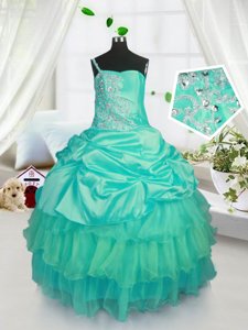 Excellent Turquoise Sleeveless Floor Length Beading and Ruffled Layers and Pick Ups Lace Up Teens Party Dress