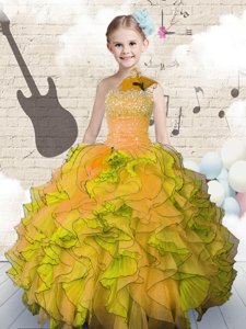 Strapless Sleeveless Little Girls Pageant Dress Wholesale Floor Length Beading and Ruffles Orange Organza