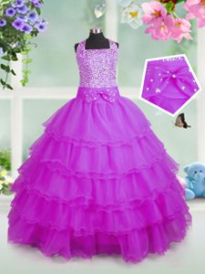 Latest Rose Pink Ball Gowns Organza Square Sleeveless Beading and Ruffled Layers Floor Length Zipper Pageant Gowns For Girls