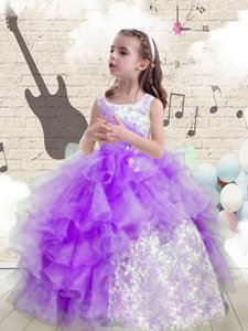 Eggplant Purple Lace Up Scoop Beading and Ruffled Layers Child Pageant Dress Organza Sleeveless