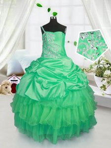 Apple Green Satin and Tulle Lace Up Kids Pageant Dress Sleeveless Floor Length Beading and Ruffled Layers and Pick Ups