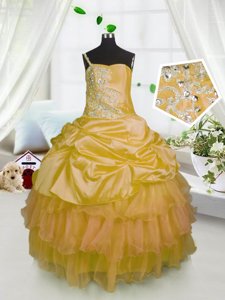 Orange One Shoulder Lace Up Beading and Ruffled Layers and Pick Ups Kids Pageant Dress Sleeveless
