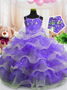 High Class Eggplant Purple Spaghetti Straps Zipper Beading and Ruffled Layers Child Pageant Dress Sleeveless