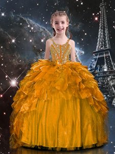 Spaghetti Straps Sleeveless Organza Girls Pageant Dresses Beading and Ruffles Lace Up