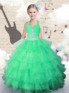 Halter Top Floor Length Lace Up Little Girl Pageant Gowns Green and In for Party and Wedding Party with Beading and Ruffled Layers