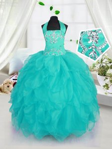 High Class Organza Halter Top Sleeveless Lace Up Beading Juniors Party Dress in Aqua Blue