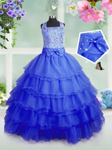 Organza Sleeveless Floor Length Little Girl Pageant Gowns and Beading and Ruffled Layers