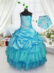Aqua Blue Sleeveless Floor Length Pick Ups Lace Up Girls Pageant Dresses