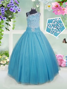 Stylish Teal Ball Gowns Tulle Asymmetric Sleeveless Beading Floor Length Side Zipper Pageant Gowns For Girls