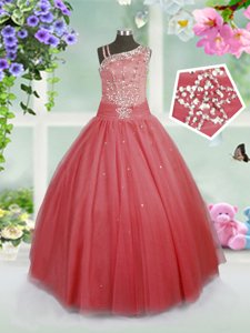 Trendy Floor Length Side Zipper Child Pageant Dress Watermelon Red and In for Party and Wedding Party with Beading