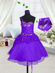 Eggplant Purple A-line Sweetheart Sleeveless Organza Knee Length Lace Up Beading and Hand Made Flower Flower Girl Dresses