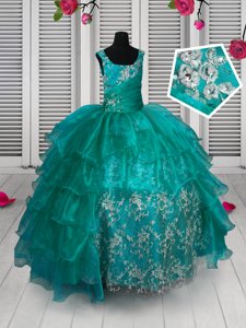Custom Design Floor Length Lace Up Kids Pageant Dress Turquoise and In for Party and Wedding Party with Appliques and Ruffled Layers