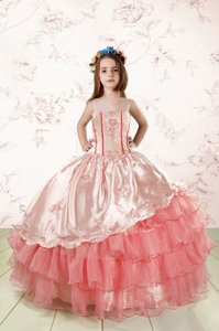 Adorable Sleeveless Organza Floor Length Lace Up Little Girl Pageant Gowns in Baby Pink for with Embroidery and Ruffled Layers
