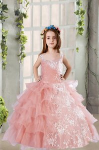 Fashionable Ruffled Ball Gowns Little Girl Pageant Gowns Baby Pink Square Organza Sleeveless Floor Length Lace Up