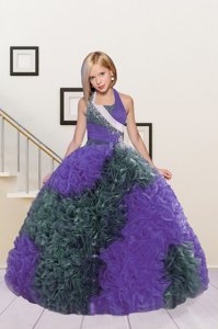 Custom Fit Halter Top Floor Length Ball Gowns Sleeveless Eggplant Purple Kids Pageant Dress Lace Up