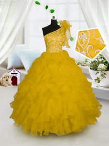 Affordable One Shoulder Gold Sleeveless Organza Side Zipper Kids Formal Wear for Party and Wedding Party