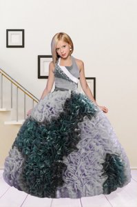 Modern Halter Top Dark Green and Silver Lace Up Kids Formal Wear Beading and Ruffles Sleeveless Floor Length