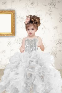 Amazing Multi-color Organza Lace Up Spaghetti Straps Sleeveless Floor Length Girls Pageant Dresses Beading and Ruffles and Sequins