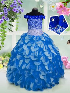 Blue Ball Gowns Off The Shoulder Short Sleeves Organza Floor Length Lace Up Beading and Sashes|ribbons and Sequins Child Pageant Dress