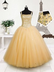 Sleeveless Tulle Floor Length Lace Up Pageant Gowns For Girls in Orange for with Beading and Sequins