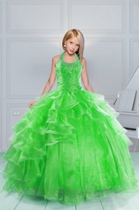 Halter Top Floor Length Lace Up Kids Pageant Dress Green and In for Party and Wedding Party with Beading and Ruffles