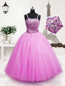 Hot Pink Sleeveless Beading and Sequins Floor Length Pageant Gowns For Girls