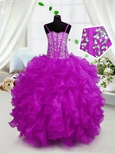 Floor Length Ball Gowns Sleeveless Hot Pink Little Girls Pageant Gowns Lace Up