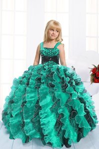 Superior Teal Ball Gowns Organza Straps Sleeveless Beading and Ruffles Floor Length Lace Up Party Dress Wholesale