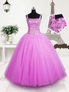 Beading and Belt Party Dress for Toddlers Royal Blue Lace Up Sleeveless Floor Length
