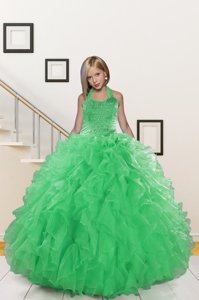Trendy Halter Top Green Sleeveless Floor Length Beading and Ruffles Lace Up Party Dress for Toddlers