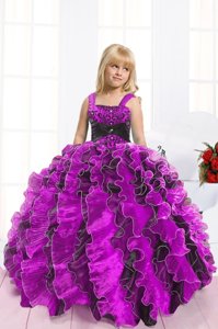 Floor Length Lace Up Casual Dresses Fuchsia and In for Military Ball and Sweet 16 and Quinceanera with Beading and Ruffles