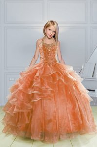 Halter Top Sleeveless Child Pageant Dress Floor Length Beading and Ruffles Orange Organza