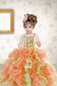Multi-color Ball Gowns Spaghetti Straps Sleeveless Organza Floor Length Lace Up Beading and Ruffles and Sequins Party Dresses