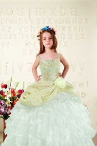 Nice Yellow Green Sleeveless Floor Length Beading and Ruffled Layers Lace Up Party Dress for Toddlers
