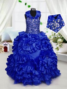 Royal Blue Ball Gowns Taffeta Halter Top Sleeveless Beading and Ruffles Floor Length Zipper Custom Made