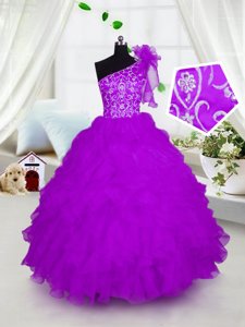 One Shoulder Floor Length Ball Gowns Short Sleeves Fuchsia Little Girl Pageant Gowns Lace Up