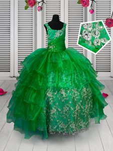 Green Straps Lace Up Appliques and Ruffled Layers Kids Pageant Dress Sleeveless