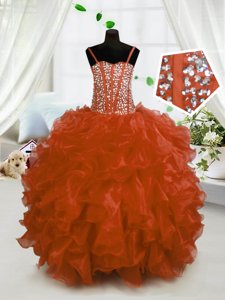Trendy Rust Red Spaghetti Straps Lace Up Beading and Ruffles Kids Formal Wear Sleeveless
