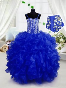 Organza Spaghetti Straps Sleeveless Lace Up Beading and Ruffles Party Dresses in Royal Blue