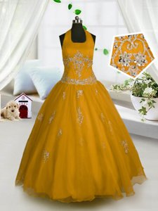 A-line Little Girl Pageant Gowns Orange Halter Top Tulle Sleeveless Floor Length Lace Up