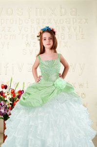 Apple Green Lace Up Little Girls Pageant Gowns Beading and Ruffled Layers and Hand Made Flower Sleeveless Floor Length