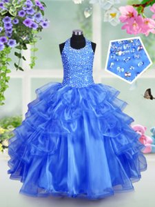 Classical Halter Top Royal Blue Sleeveless Floor Length Beading and Ruffled Layers Lace Up Juniors Party Dress