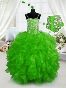 Spaghetti Straps Sleeveless Pageant Gowns For Girls Floor Length Beading and Ruffles Green Organza