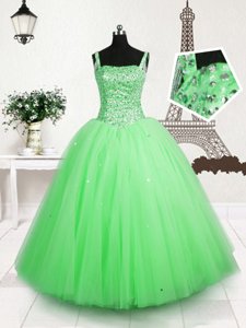 Apple Green Straps Neckline Beading and Sequins Little Girls Pageant Gowns Sleeveless Lace Up