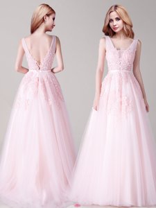 Artistic Baby Pink Prom Dresses Prom and For with Appliques and Belt V-neck Sleeveless Backless