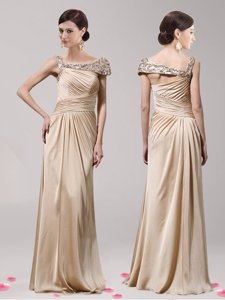 New Arrival Sleeveless Elastic Woven Satin Floor Length Side Zipper Prom Gown in Champagne with Beading